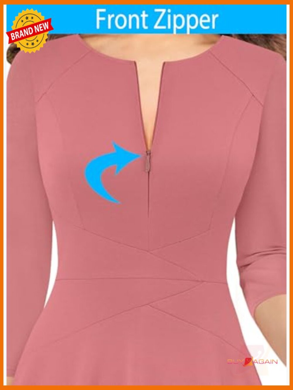 Front Zipper A-Line Dress 3/4 Sleeve Work Office Swing Knee Length - Picture 3 of 5